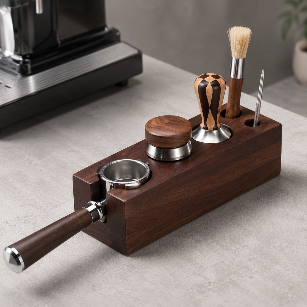 Wooden Espresso Tool Station for Portafilter, Tamper, Distributor & Brush